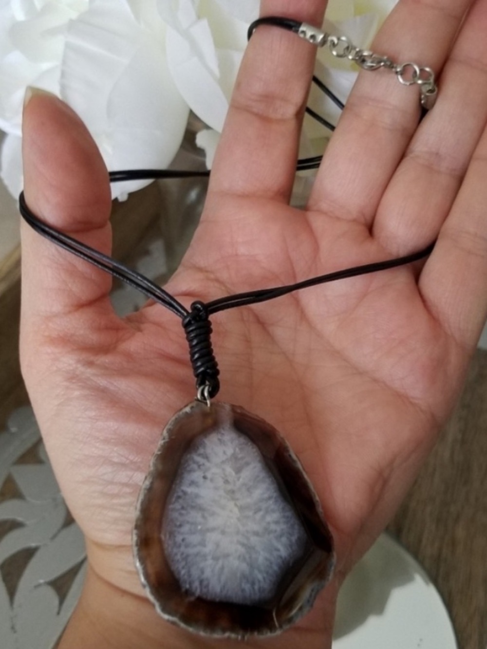 Genuine Large Agate Gemstone on Black Leather Handmade NEW